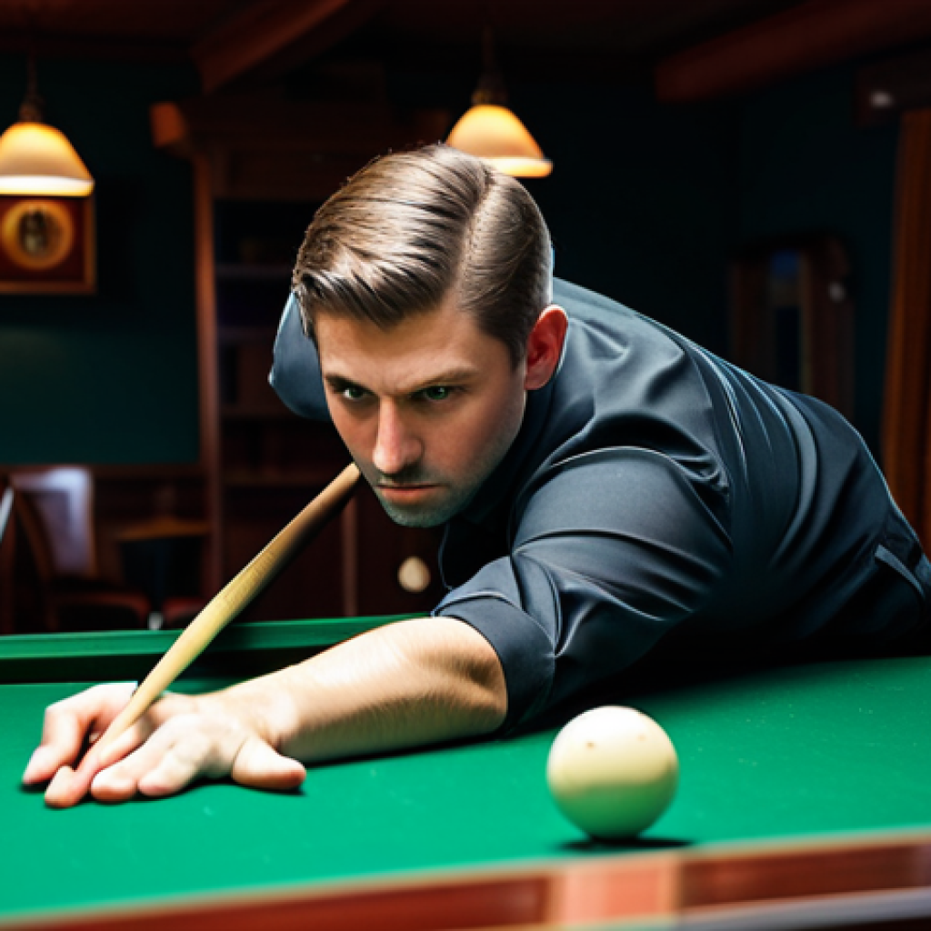 A professional male billiard player, fully clothed in a modest, dark polo shirt and professional trousers, executing a precise shot on a highly polished billiard table. The player exhibits intense focus, with a natural pose and perfect anatomy, demonstrating masterful control over the cue ball's spin and trajectory. The background is a sophisticated, well-lit billiards club with elegant wooden details and soft ambient light. The scene captures the artistry and physics of the game. safe for work, appropriate content, professional, family-friendly, correct proportions, well-formed hands, proper finger count, natural body proportions, professional photography, high quality, ultra-detailed, sharp focus, realistic rendering, 8k.