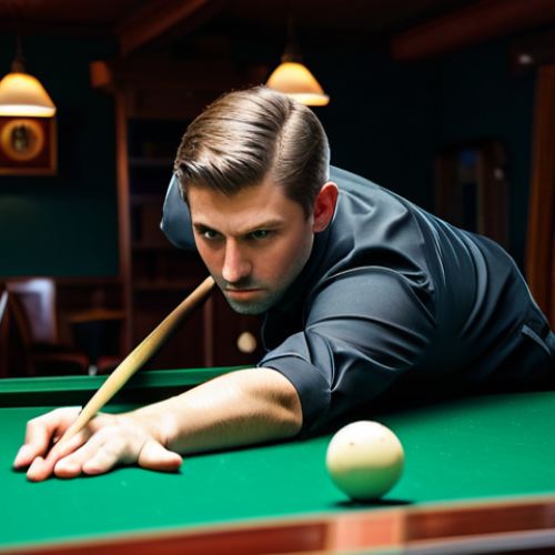 Home 26 A professional male billiard player, fully clothed in a modest, dark polo shirt and professional trousers, executing a precise shot on a highly polished billiard table. The player exhibits intense focus, with a natural pose and perfect anatomy, demonstrating masterful control over the cue ball's spin and trajectory. The background is a sophisticated, well-lit billiards club with elegant wooden details and soft ambient light. The scene captures the artistry and physics of the game. safe for work, appropriate content, professional, family-friendly, correct proportions, well-formed hands, proper finger count, natural body proportions, professional photography, high quality, ultra-detailed, sharp focus, realistic rendering, 8k.