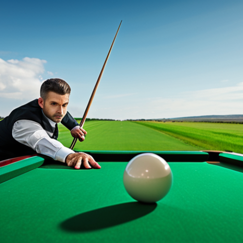 Home 24 **
A skilled billiards player, fully clothed in professional attire, executing a long-distance shot outdoors. The cue ball streaks across a vast green field towards a distant target, showcasing the extreme range. Focus on the player's concentration and the expansive landscape. Safe for work, appropriate content, professional.
**
