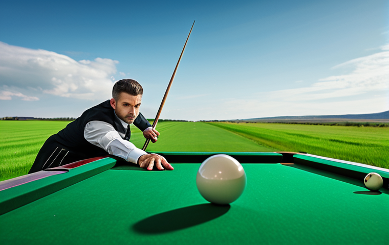 **

A skilled billiards player, fully clothed in professional attire, executing a long-distance shot outdoors. The cue ball streaks across a vast green field towards a distant target, showcasing the extreme range. Focus on the player's concentration and the expansive landscape. Safe for work, appropriate content, professional.

**