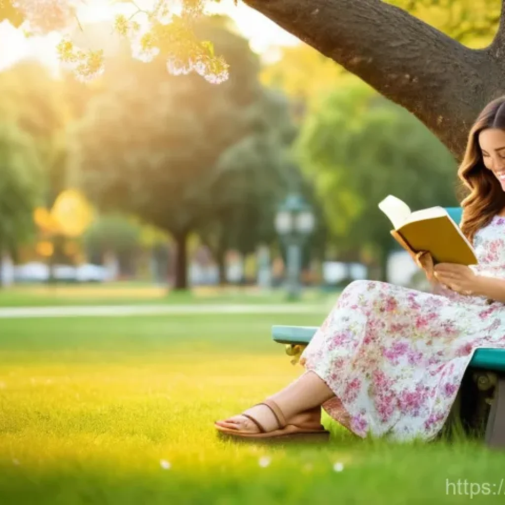 당구 스포츠 채널 - A serene young woman, mid-20s, with long wavy brown hair, gently smiling while reading a paperback b...