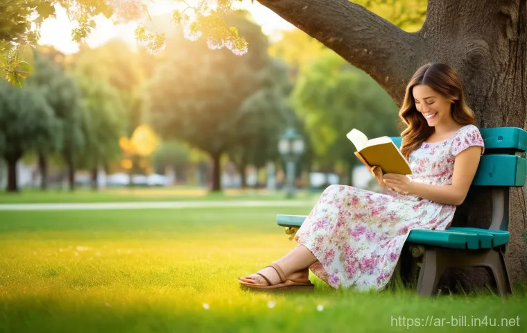 당구 스포츠 채널 - A serene young woman, mid-20s, with long wavy brown hair, gently smiling while reading a paperback b...