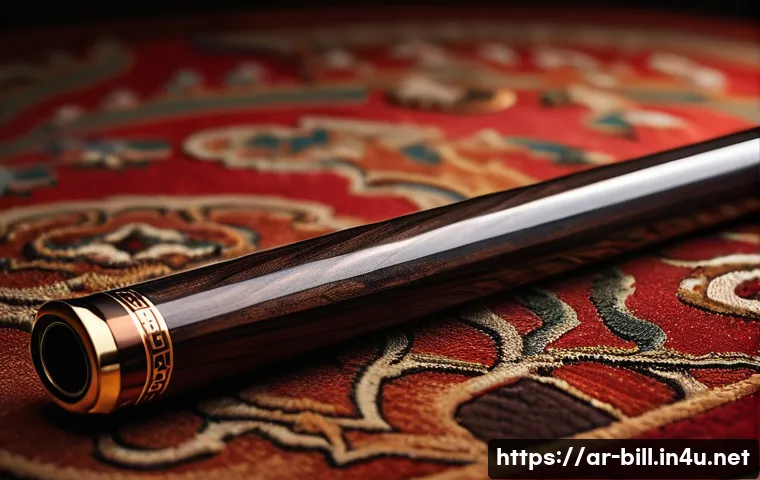 당구 필수 소품 - A high-quality billiard cue crafted from polished dark wood with a smooth carbon fiber shaft, restin...