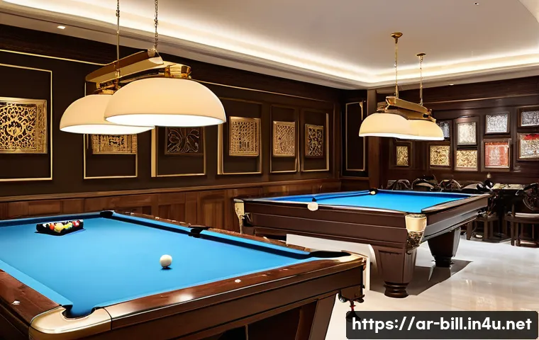 당구장 창업 비용 - A modern billiard hall interior located in a bustling Saudi Arabian urban area, featuring profession...