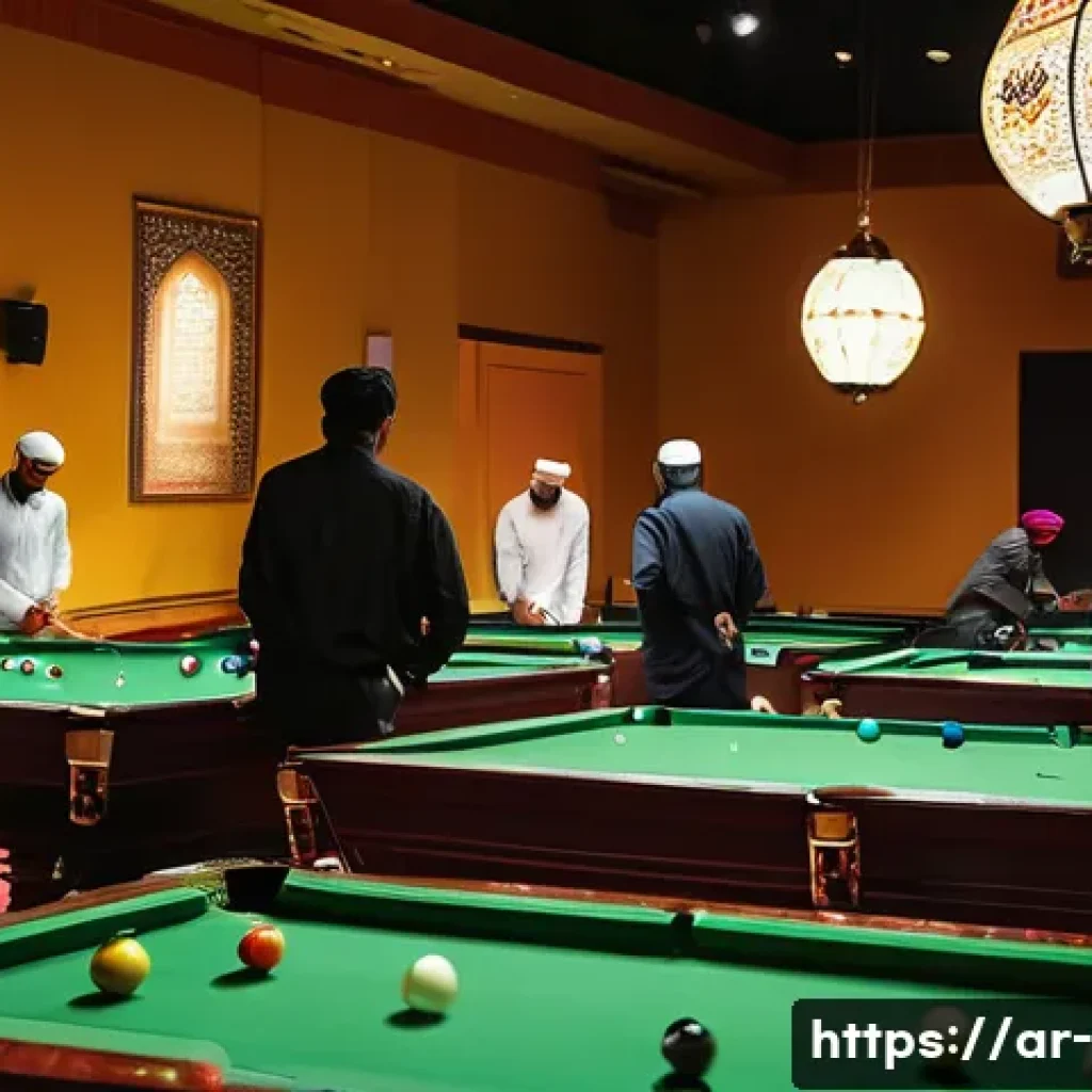 당구 토너먼트 운영 - A professional billiards tournament scene set in a spacious, well-lit hall in an Arabic cultural con...