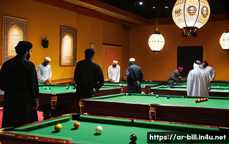 당구 토너먼트 운영 - A professional billiards tournament scene set in a spacious, well-lit hall in an Arabic cultural con...