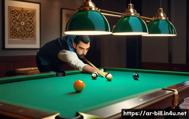 당구 트릭샷 연습법 - A skilled Middle Eastern male billiards player in casual sportswear practicing an advanced trick sho...