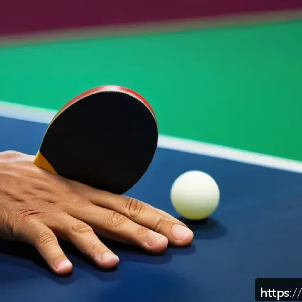 당구 큐의 그립 감 - A detailed close-up image of a male Arab table tennis player&rsquo;s hands gripping a paddle with a medium...