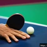Home 22 당구 큐의 그립 감 - A detailed close-up image of a male Arab table tennis player’s hands gripping a paddle with a medium...