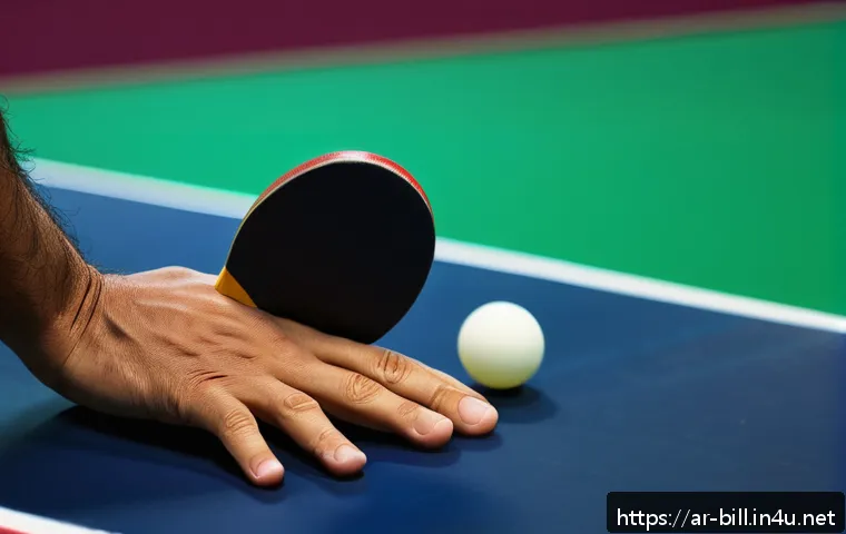 당구 큐의 그립 감 - A detailed close-up image of a male Arab table tennis player&rsquo;s hands gripping a paddle with a medium...