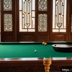 Home 21 당구 테이블 청소 도구 - A high-quality billiard table cleaning scene set in a traditional Arab home interior with warm earth...