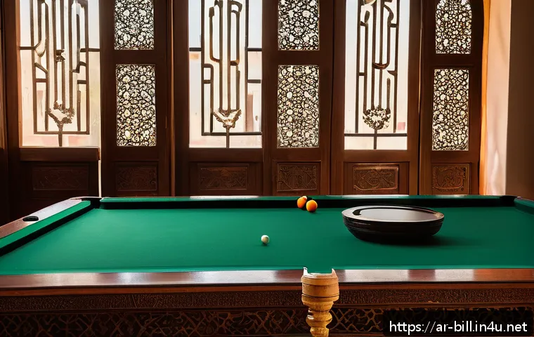 당구 테이블 청소 도구 - A high-quality billiard table cleaning scene set in a traditional Arab home interior with warm earth...