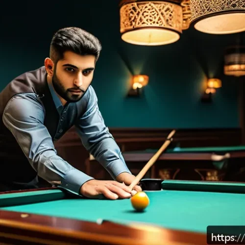 Home 32 당구 브릿지 만드는 법 - A detailed scene of a Middle Eastern billiards player demonstrating an open bridge technique on a pr...