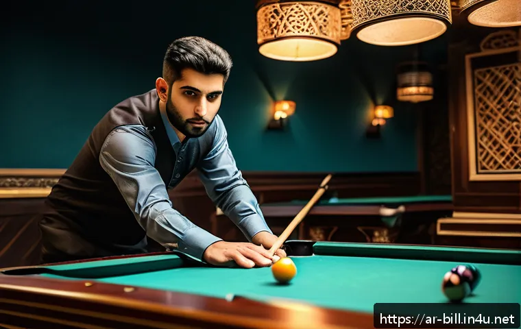 당구 브릿지 만드는 법 - A detailed scene of a Middle Eastern billiards player demonstrating an open bridge technique on a pr...