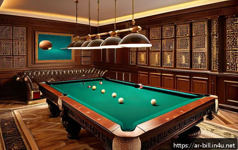 당구 공 무게 차이 - A detailed, realistic scene of a professional billiards table set in a traditional Arabic-style room...