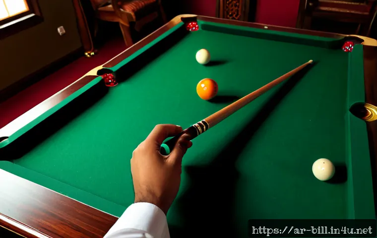 당구 비거리 계산법 - Photorealistic overhead view of a pristine billiards table in an elegant Arab social club, a player&rsquo;...